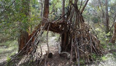 A stick structure assembled between two trees 
