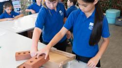 Students put bricks into a box