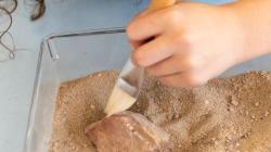 Student brushes dirt off a rock