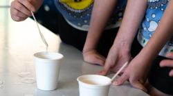 Students observe a liquid in opaque cups